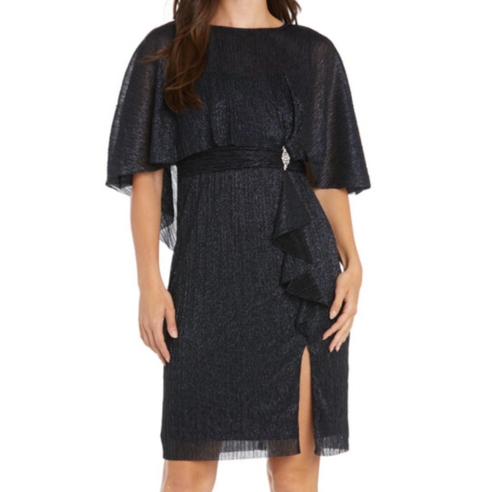 🆕 R&M Richards Petite Navy Metallic Overlay Cocktail Dress Rhinestone Size 6P